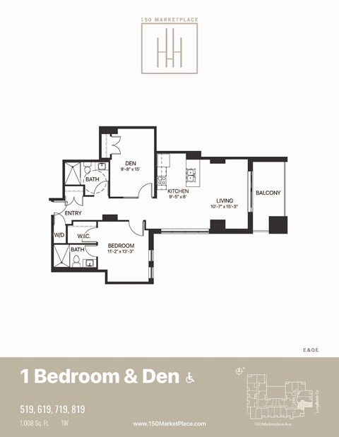 Floor plan for 1 bed, 2 baths, 984 sqft